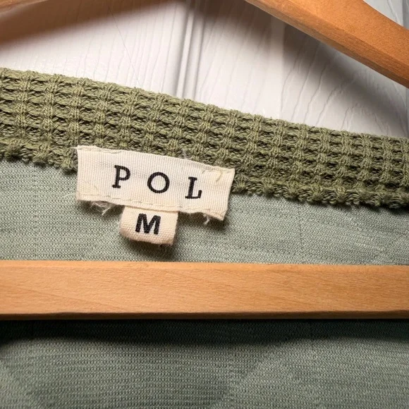 POL Cozy Oasis Patchwork Sweatshirt in Forest Green Medium Boho Oversized Henley - Picture 2 of 8